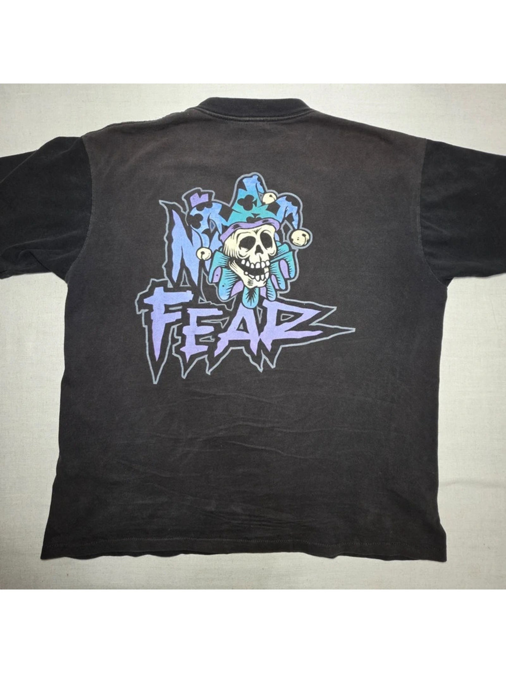 Vintage 90s No Fear Gear Jester Skull T Shirt XL USA Faded Black Graphic Tee